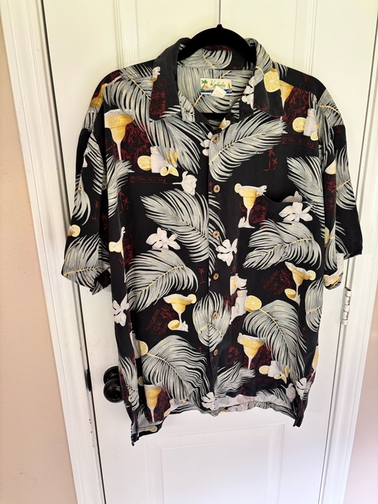 Kahala Other - Kahala Men’s Large Camp Shirt 100% Silk Black Tropical Cocktail Print Hawaiian
